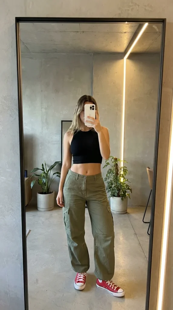 Woman in black crop top and olive cargo pants with red Converse sneakers, street Red Converse Outfit Ideas.