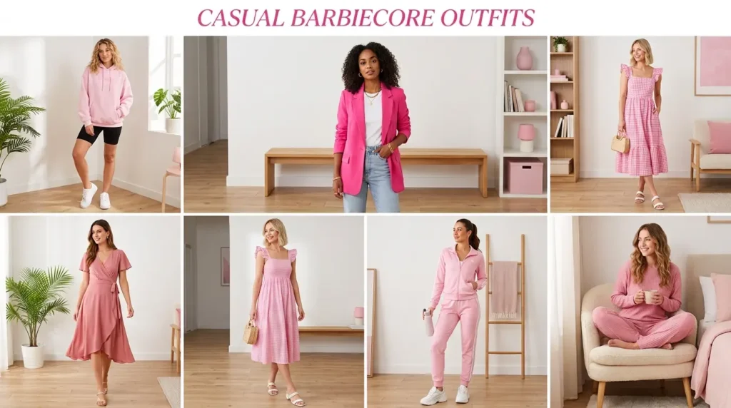 Casual Barbie Outfit Ideas collage: hoodies, blazers, dresses, and tracksuits in pink tones