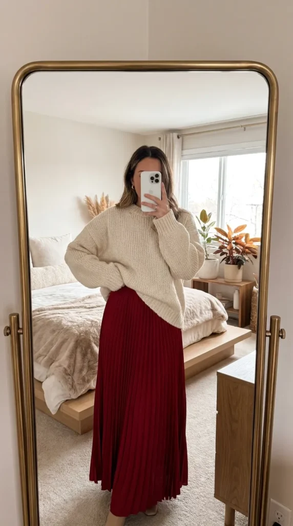 Oversized cream knit sweater with flowy red pleated maxi for Long Red Skirt Outfit Ideas for Women.