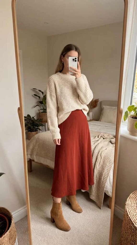 Fall Long Red Skirt Outfit Ideas with a chunky cream sweater and tan ankle boots.