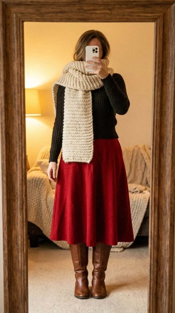 Chunky cream scarf with black top and long red skirt for winter Long Red Skirt Outfit Ideas for Women.