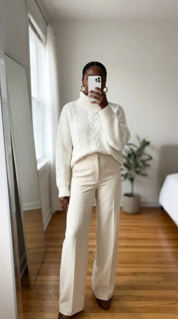 Chunky white turtleneck with cream trousers – classic All White Fall Outfit Ideas for Black Women.