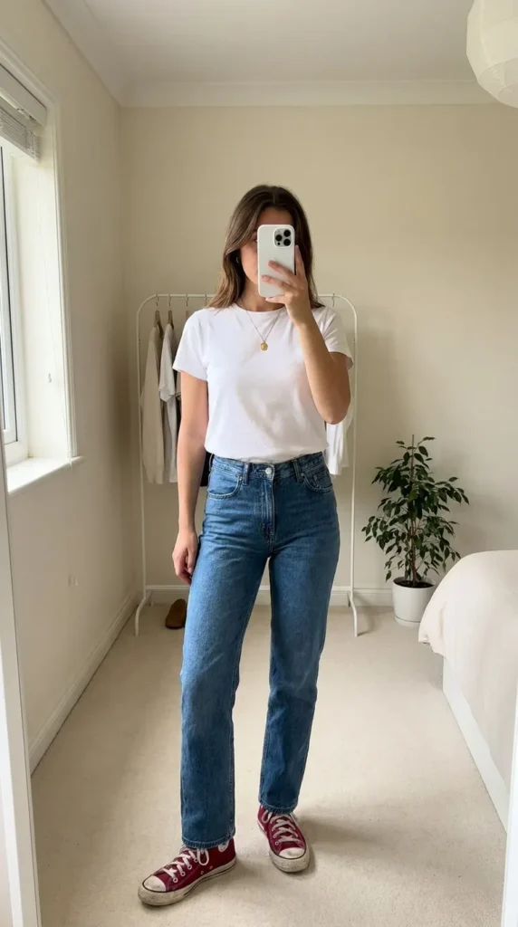 Woman in white tee and classic blue jeans with red Converse sneakers, simple Red Converse Outfit Ideas.