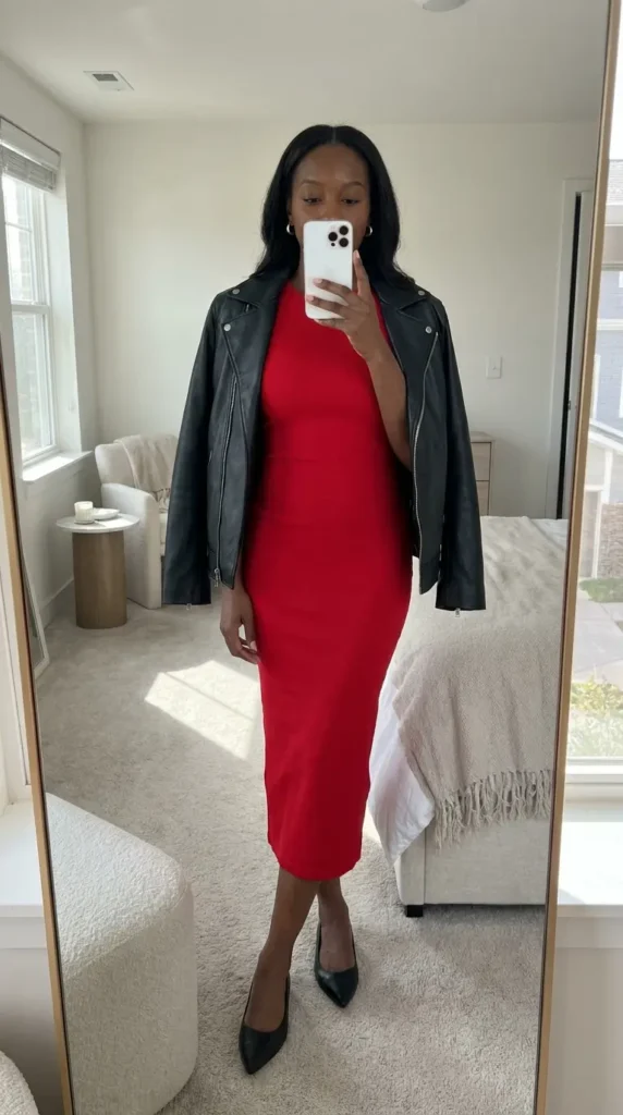 Elegant Black woman in fitted red midi dress with black leather jacket and heels for red dress outfit ideas designed for Black women
