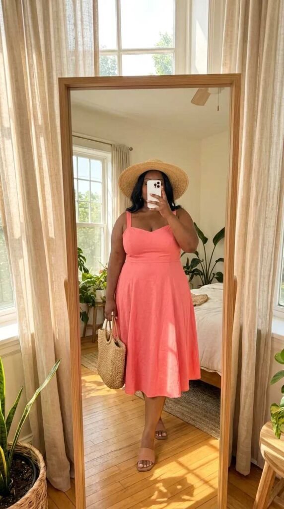 Plus-size woman in coral pink sundress with straw hat, sunny Barbie Outfit Ideas for Plus Size Women.
Characters: