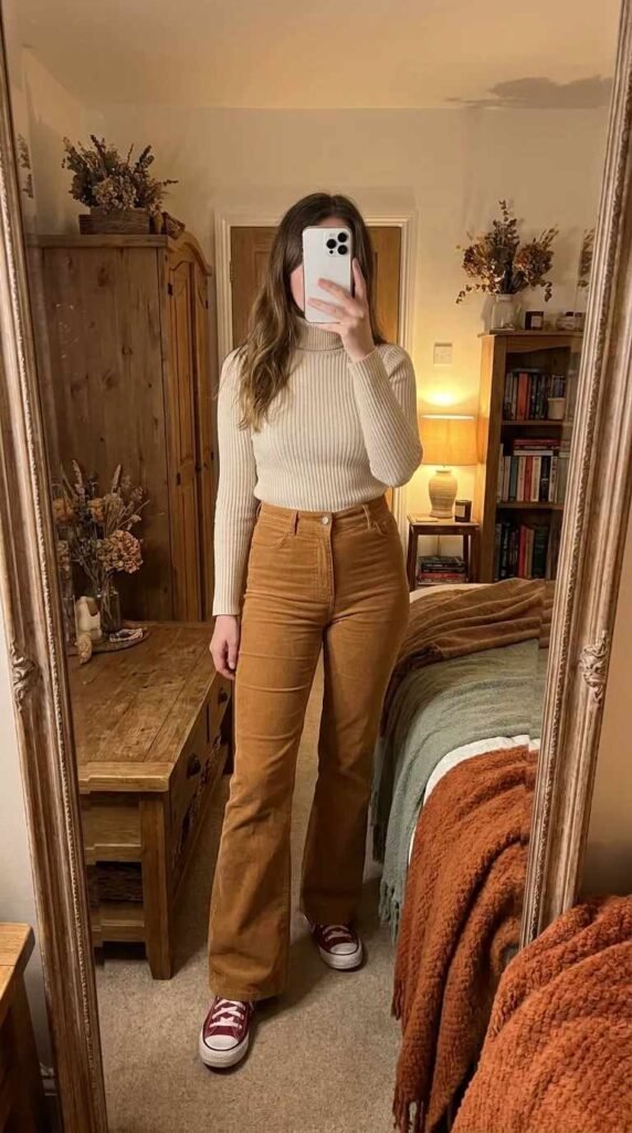 Woman in cream turtleneck and brown corduroy pants with red Converse for Red Converse Outfit Ideas.