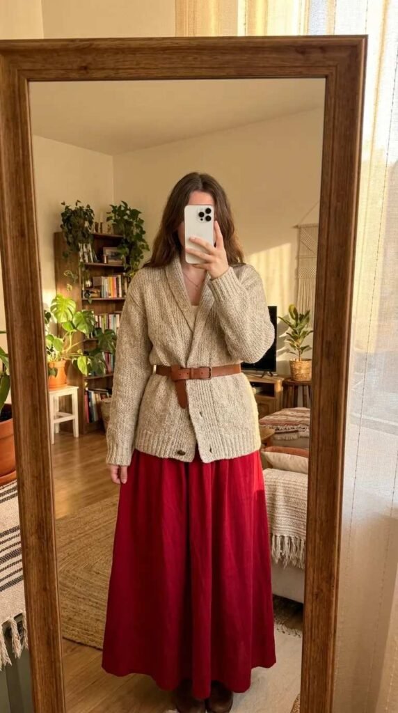 Belated cozy cardigan over long red skirt for casual Long Red Skirt Outfit Ideas for Women at home.