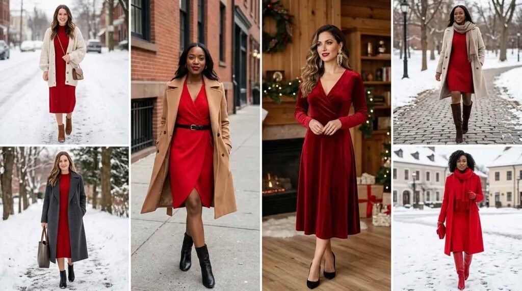 Red Dress Winter Outfits collage: sweater dress, wrap dress, and velvet dress styled with coats and boots.