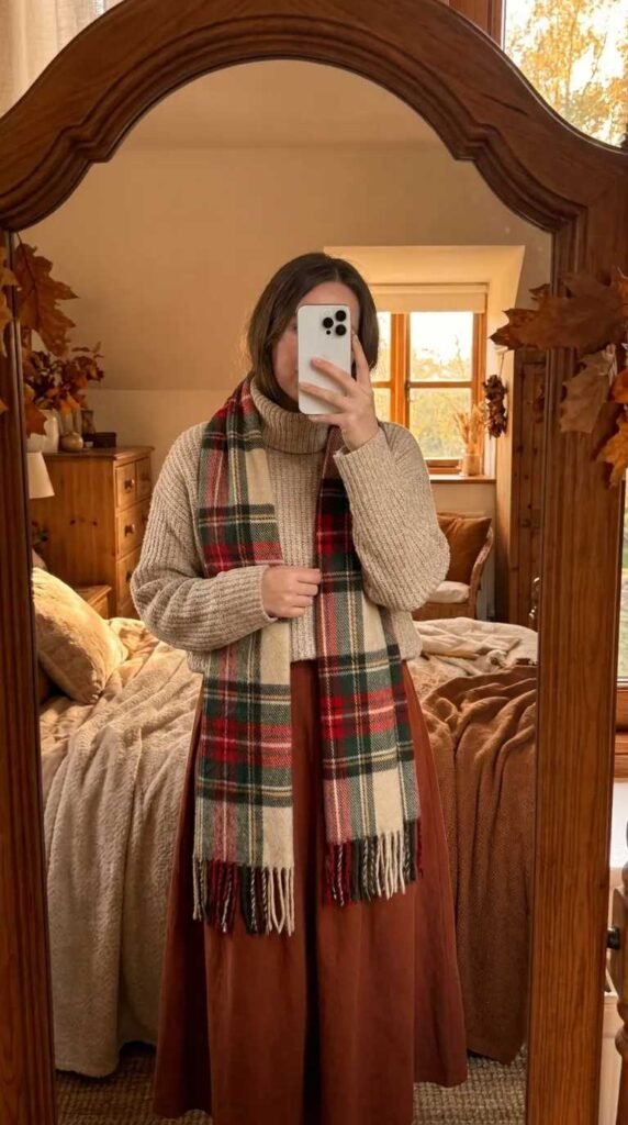 Fall Long Red Skirt Outfit Ideas with a cozy turtleneck, plaid scarf, and rust midi skirt.