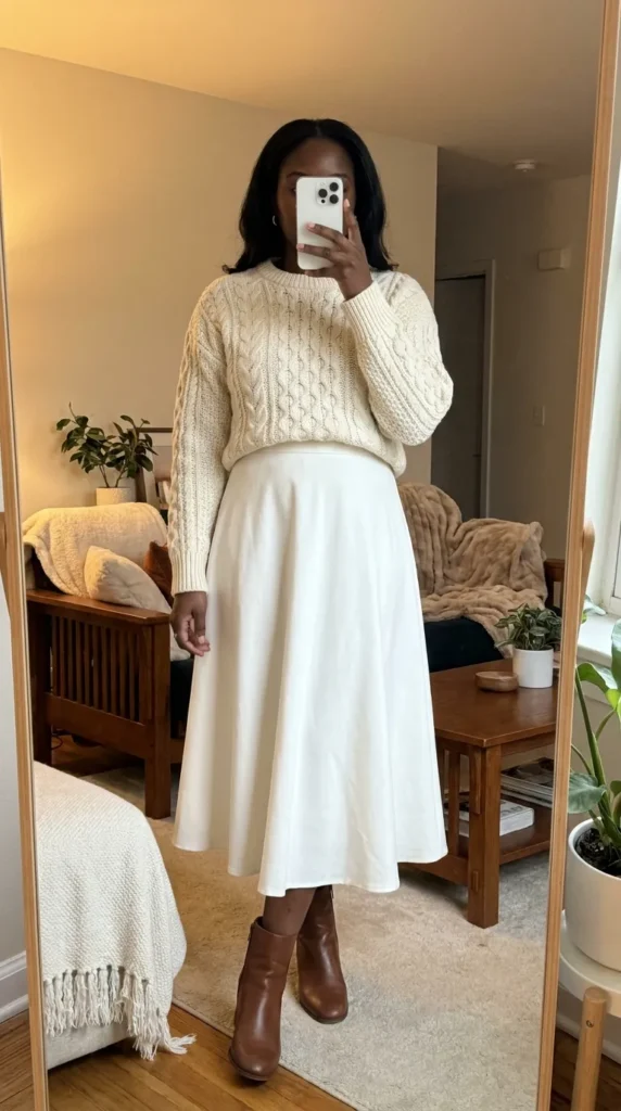 Cream cable-knit sweater and white midi skirt – cozy All White Fall Outfit Ideas for Black Women.