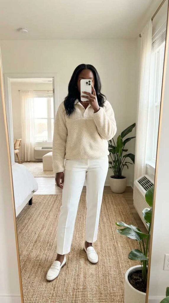 Cream fleece pullover and white trousers – cozy All White Fall Outfit Ideas for Black Women.