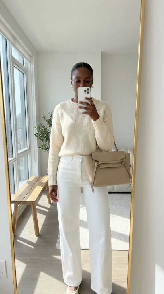 Cream sweater with white wide-leg jeans – relaxed All White Fall Outfit Ideas for Black Women.
