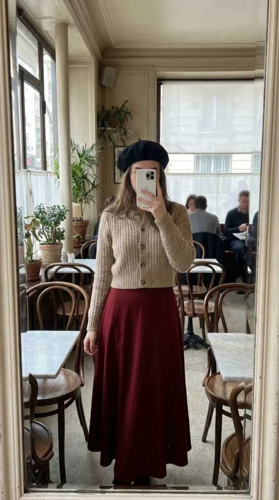 Fall Long Red Skirt Outfit Ideas featuring a cropped cardigan, beret, and red skirt.