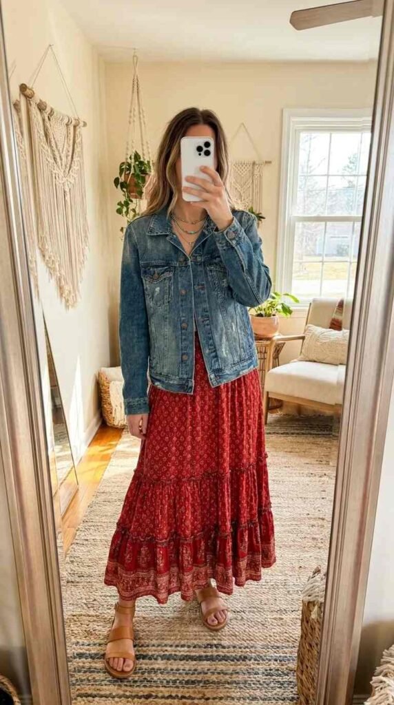Denim jacket over patterned red boho maxi skirt for relaxed Long Red Skirt Outfit Ideas for Women.

