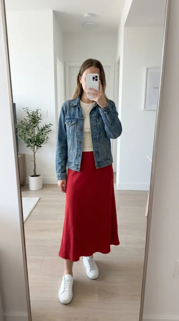 Fall Long Red Skirt Outfit Ideas in a denim jacket, white top, red skirt, and sneakers.