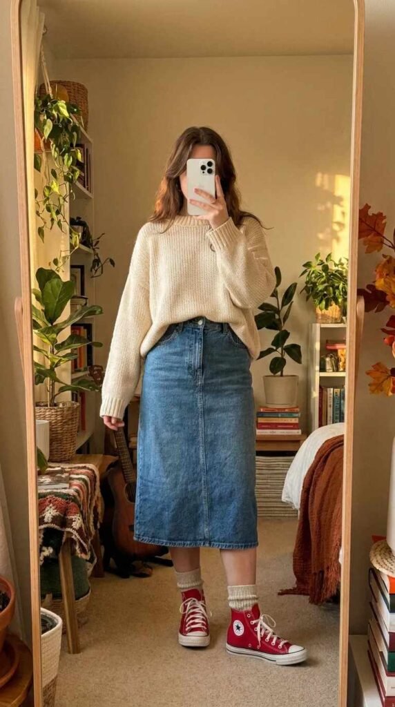 Woman in cream knit sweater and blue denim midi skirt with red Converse, mirror selfie for Red Converse Outfit Ideas.