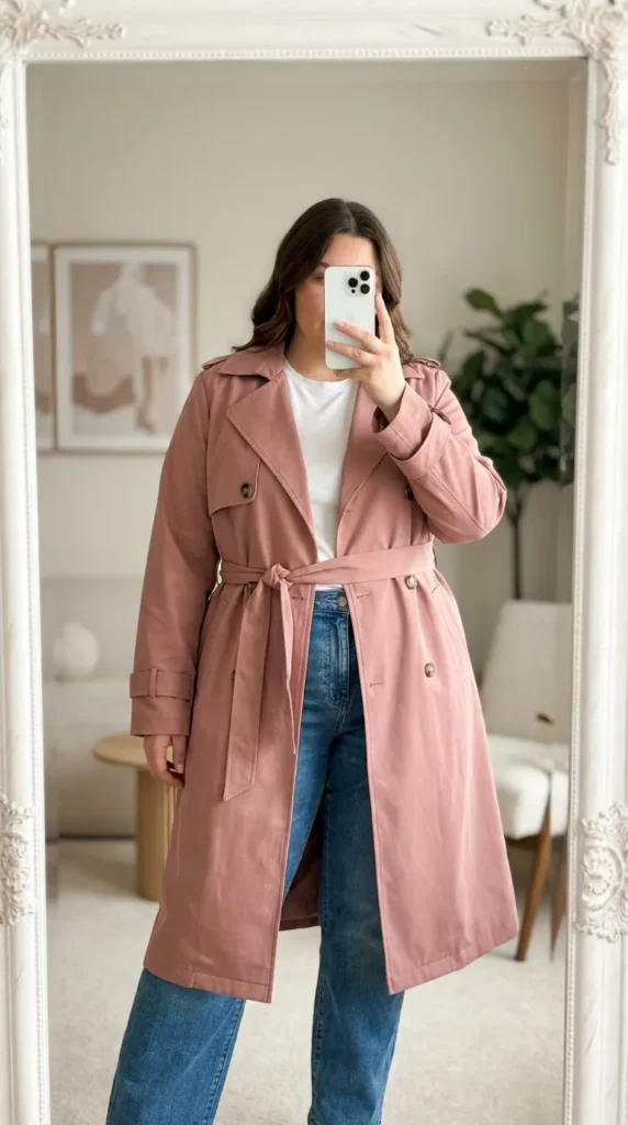 Curvy woman in dusty pink trench coat over white tee and jeans, classic Barbie Outfit Ideas for Plus Size Women.