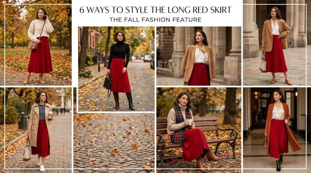 Fall Long Red Skirt Outfit Ideas collage featuring six stylish autumn looks.