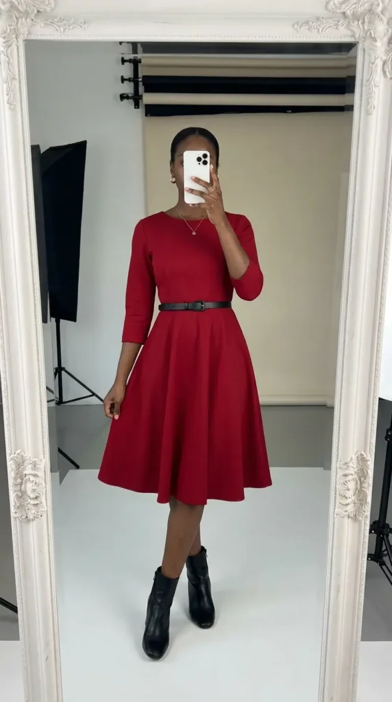 Black woman in fit-and-flare red dress with black belt and ankle boots for red dress outfit ideas designed for Black women