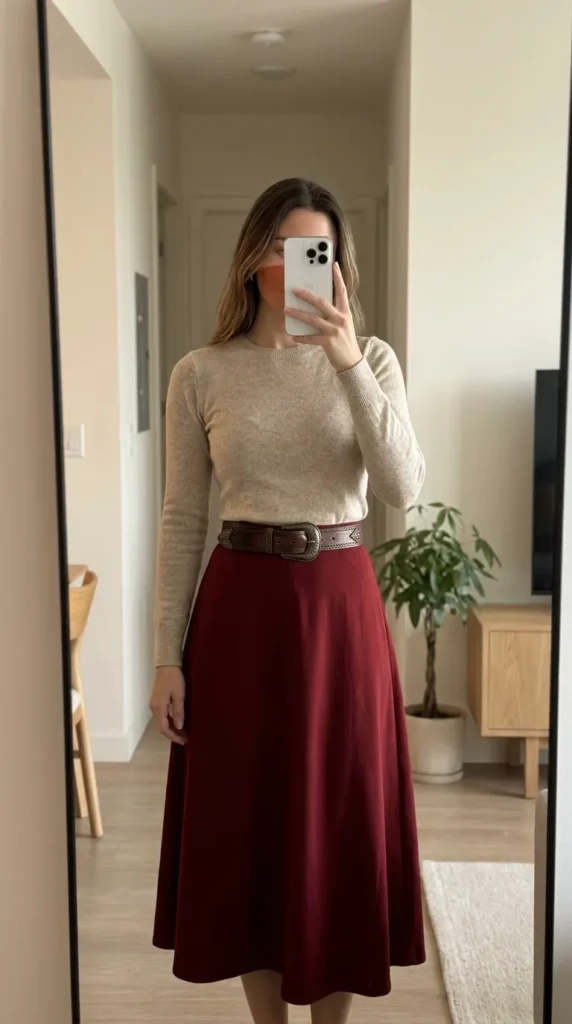 Fall Long Red Skirt Outfit Ideas with a fitted sweater, statement belt, and red midi skirt.