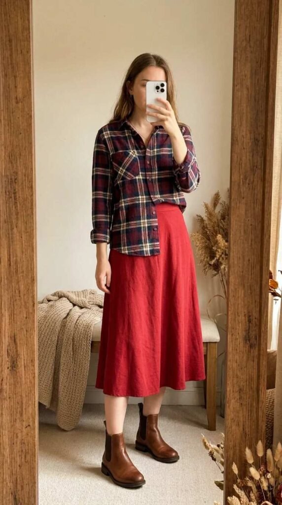 Fall Long Red Skirt Outfit Ideas with a flannel shirt, red midi skirt, and Chelsea boots.