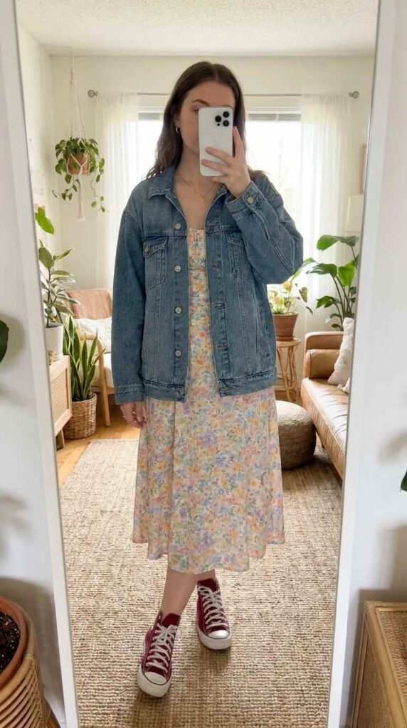 Woman in floral midi dress and denim jacket paired with red Converse for Red Converse Outfit Ideas.