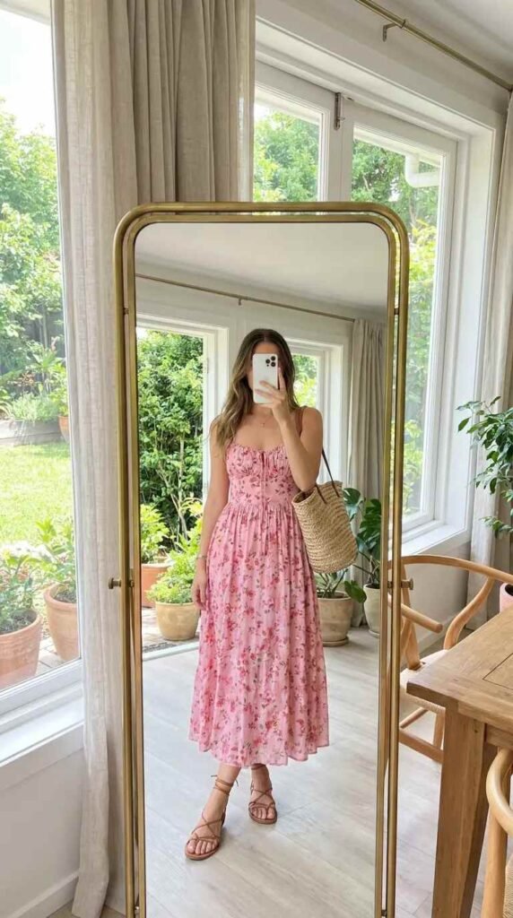 Pink floral sundress with straw bag, effortless day-to-night option for Best Barbie-Inspired Party Outfits
