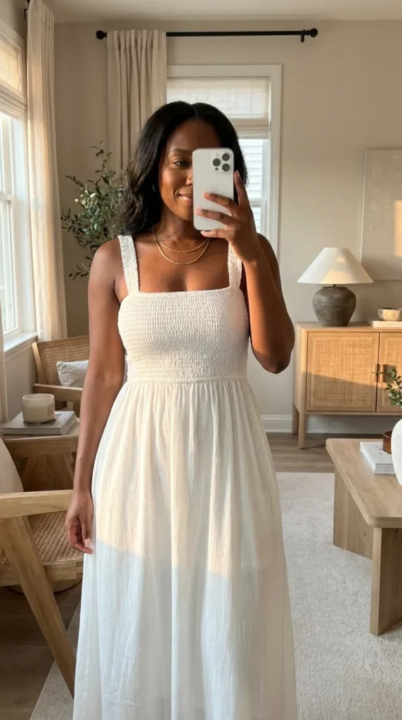 Black woman in a white smocked flowy maxi dress poses in a living room for All White Summer Outfit Ideas for Black Women.