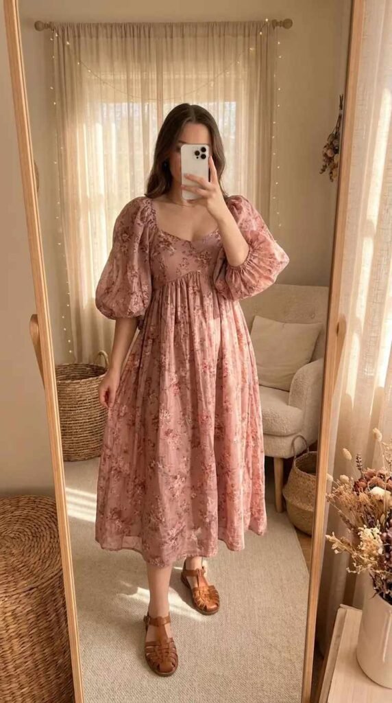 Flowy pink floral midi dress with puff sleeves, a soft pick for Best Barbie-Inspired Party Outfits
