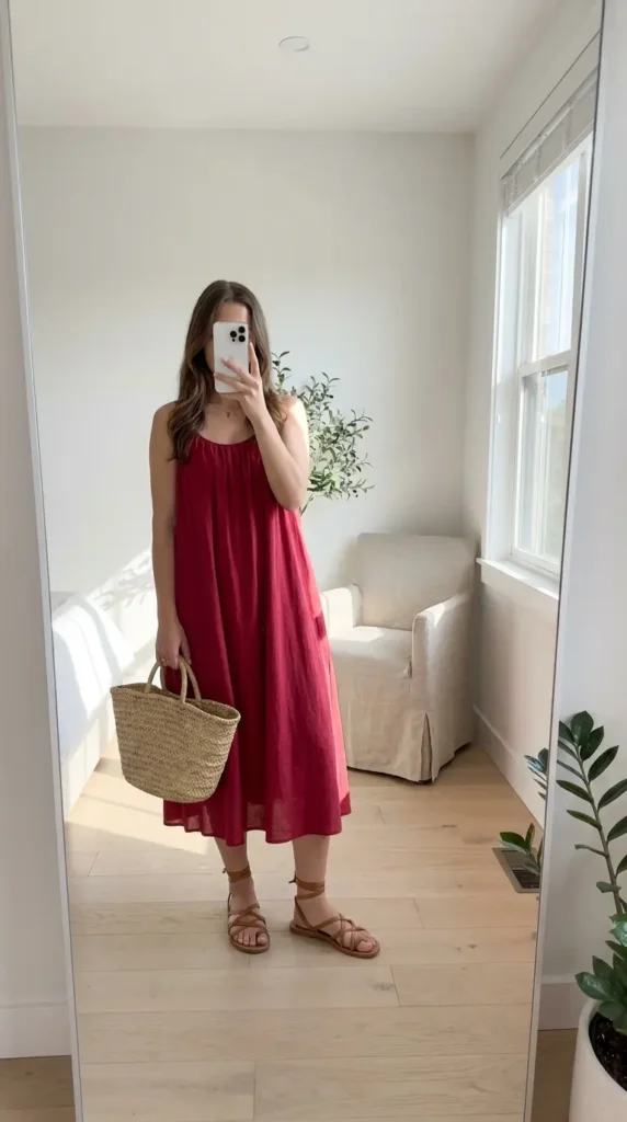 Flowy red midi dress with tan strappy sandals, effortless Red Dress Outfits to Steal This Summer style