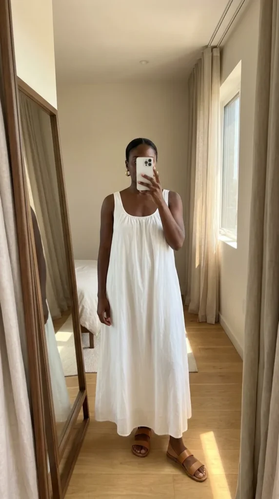 Flowy white maxi dress and sandals, breezy All White Outfits for Black Women style