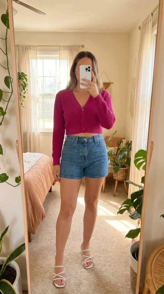 Casual Barbie Outfit Ideas: fuchsia cropped cardigan paired with denim shorts and white sandals