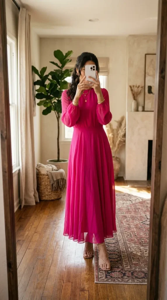 Easy Summer Barbie Outfit Ideas: flowy fuchsia maxi dress with puff sleeves