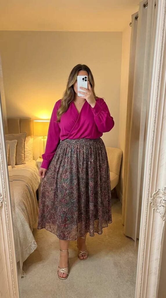 Curvy woman in fuchsia wrap top and patterned flowy midi skirt, elegant Barbie Outfit Ideas for Plus Size Women.