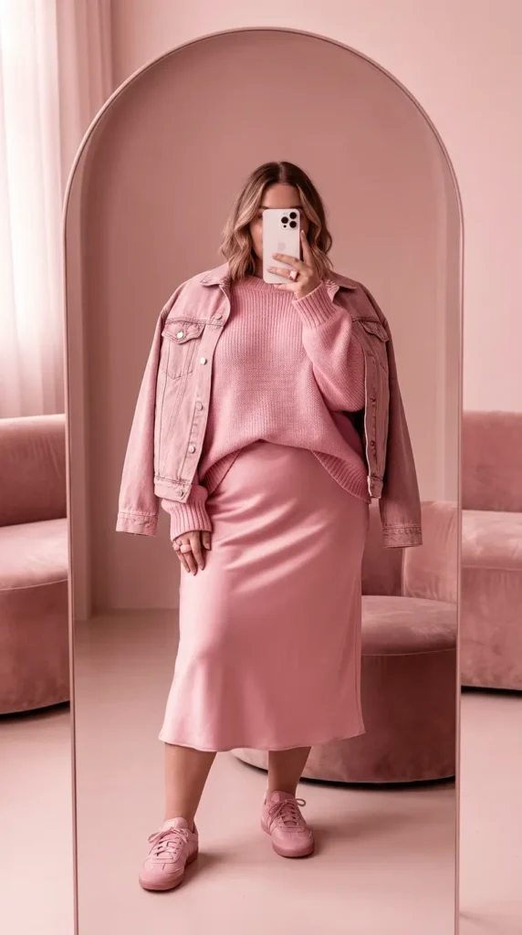 Full Monochrome Pink Power Look.webp
Curvy woman in full monochrome pink sweater, jacket and satin skirt, powerful Barbie Outfit Ideas for Plus Size Wome