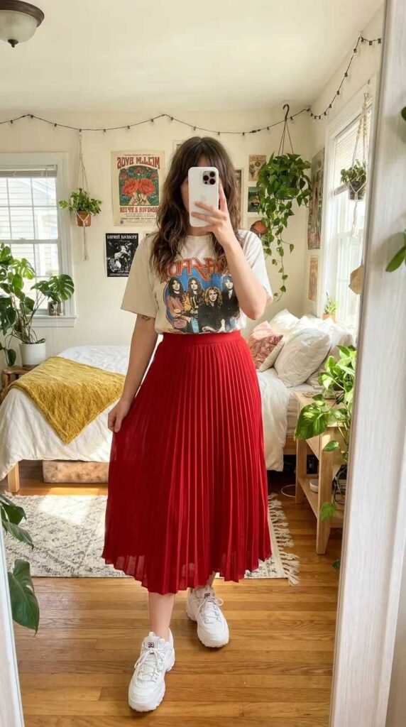 Band graphic tee with red pleated midi skirt and sneakers in Long Red Skirt Outfit Ideas for Women.
