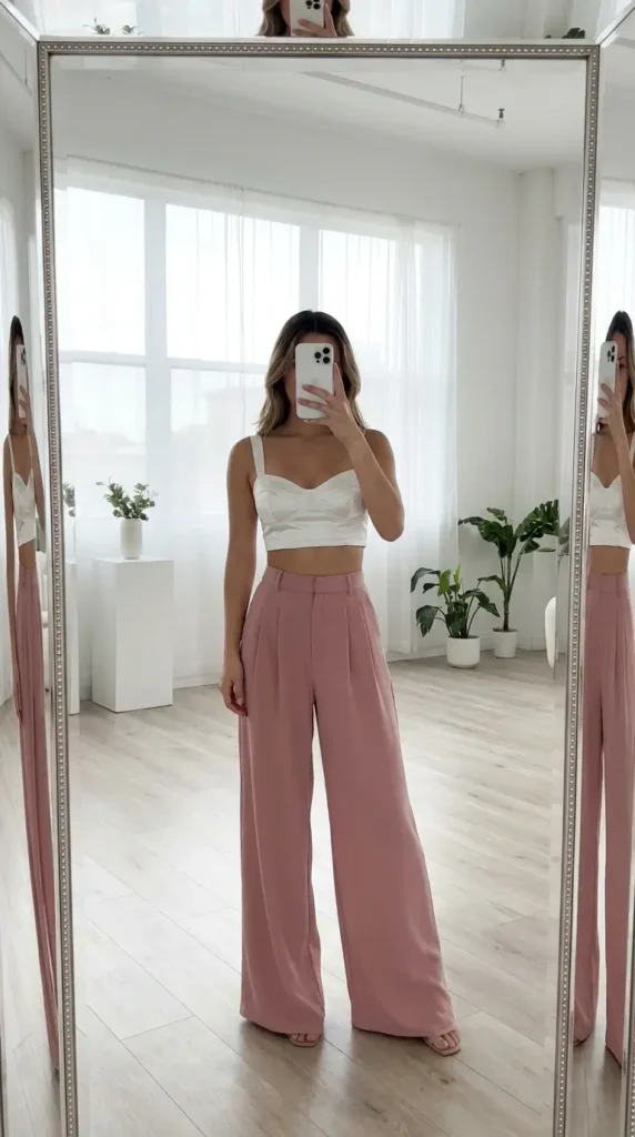 White crop top with pink high-waisted trousers, a chic look from Best Barbie-Inspired Party Outfits

