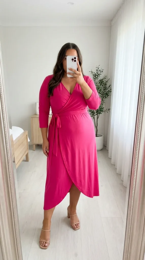 Plus-size woman in bright hot pink wrap dress with nude heels, bold Barbie Outfit Ideas for Plus Size Women.