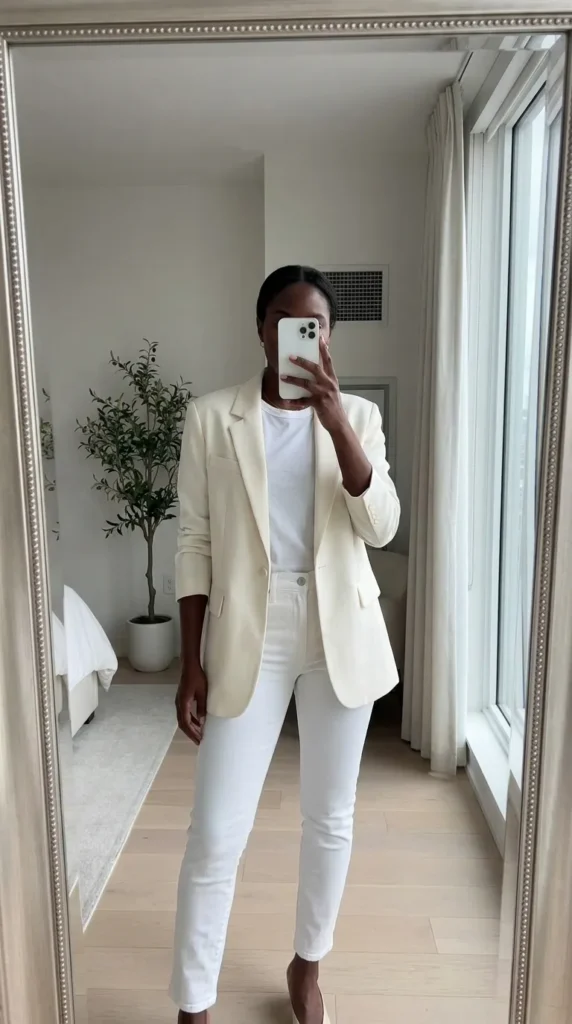 Ivory blazer over white denim – sleek All White Fall Outfit Ideas for Black Women.