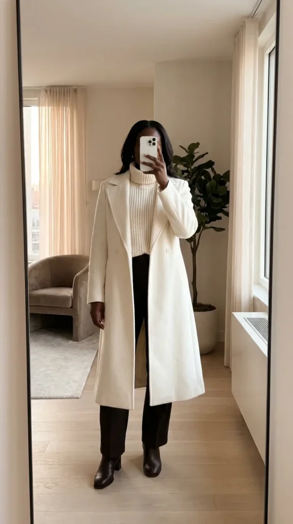 Ivory turtleneck under white midi coat – refined All White Fall Outfit Ideas for Black Women.