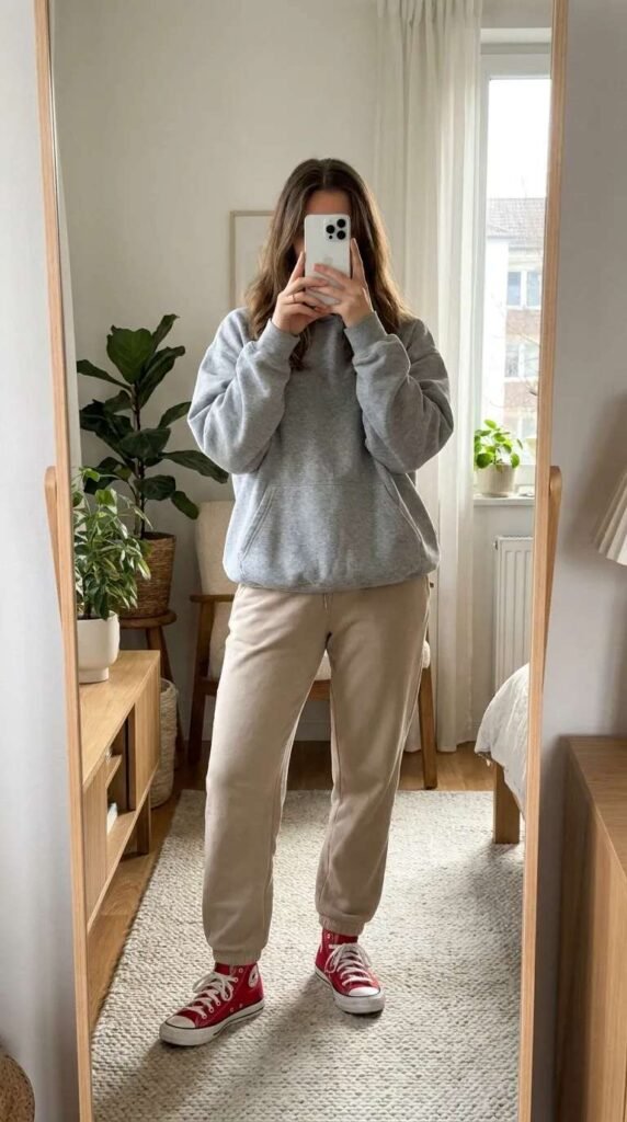 Woman in grey oversized hoodie and beige joggers with red Converse, cozy Red Converse Outfit Ideas style.
