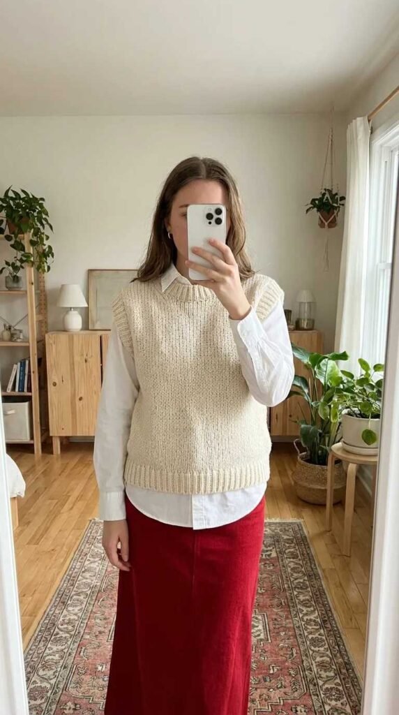 Fall Long Red Skirt Outfit Ideas pairing a knit vest over a white shirt with a red skirt.