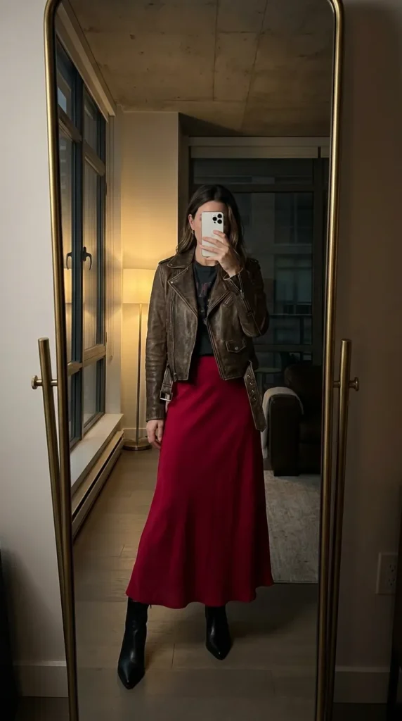 Fall Long Red Skirt Outfit Ideas featuring a leather jacket, red skirt, and ankle boots.