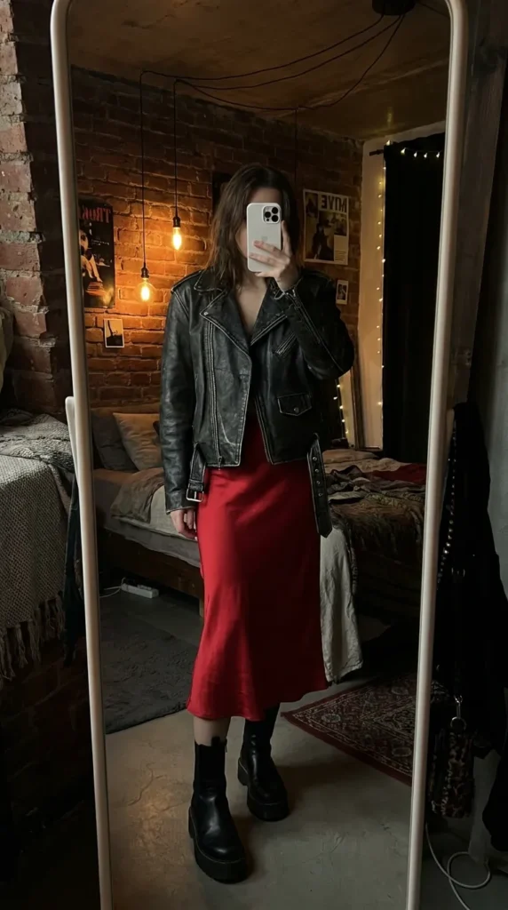Black leather jacket over red slip skirt and boots for edgy Long Red Skirt Outfit Ideas for Women.
