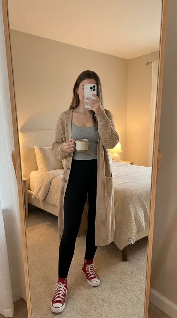 Woman in grey tank, black leggings and long beige cardigan with red Converse, comfy Red Converse Outfit Ideas.