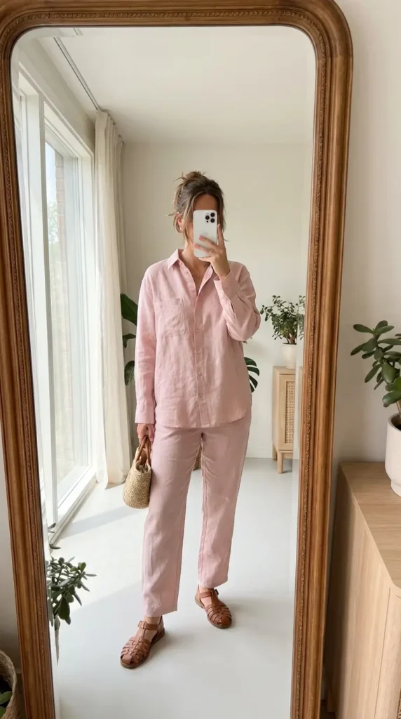 Casual Barbie Outfit Ideas: light pink linen button-up shirt and matching wide-leg trousers set