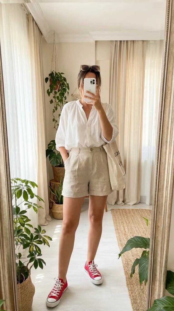 Woman in white blouse and beige linen shorts with red Converse sneakers, casual Red Converse Outfit Ideas.