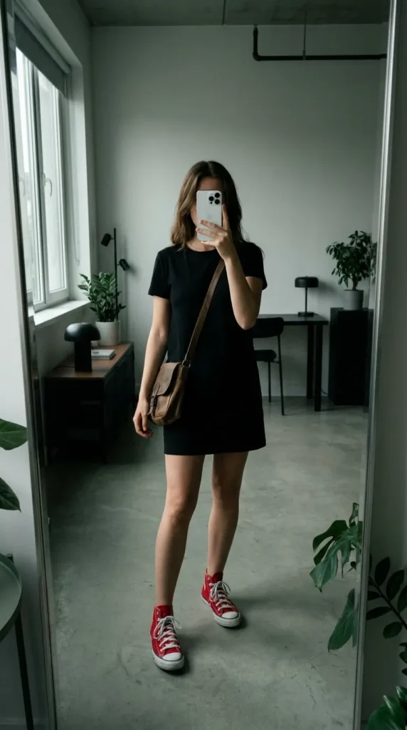 Woman in black mini dress with red Converse high-tops and crossbody bag, edgy Red Converse Outfit Ideas.
