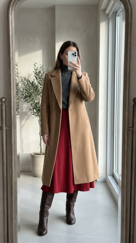 Fall Long Red Skirt Outfit Ideas in a long camel coat, turtleneck, and knee-high boots.