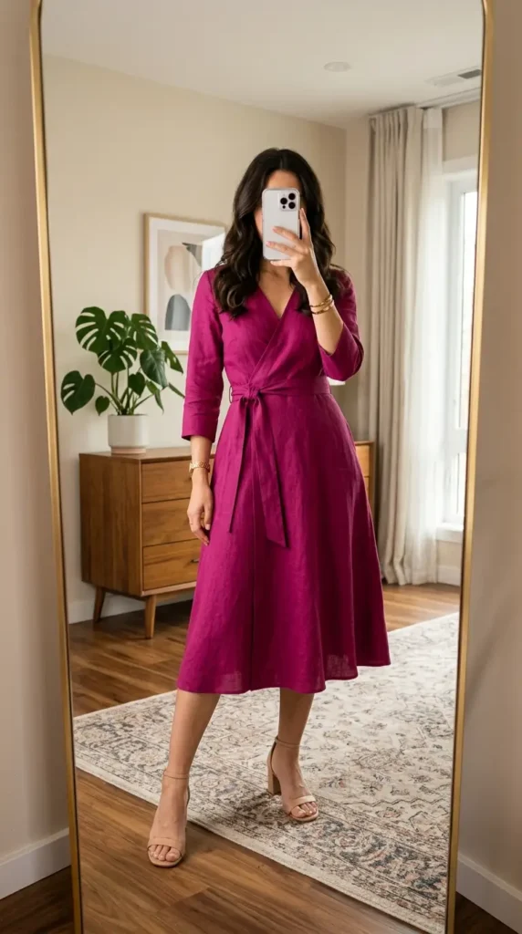 Easy Summer Barbie Outfit Ideas: magenta linen wrap dress with tie waist
